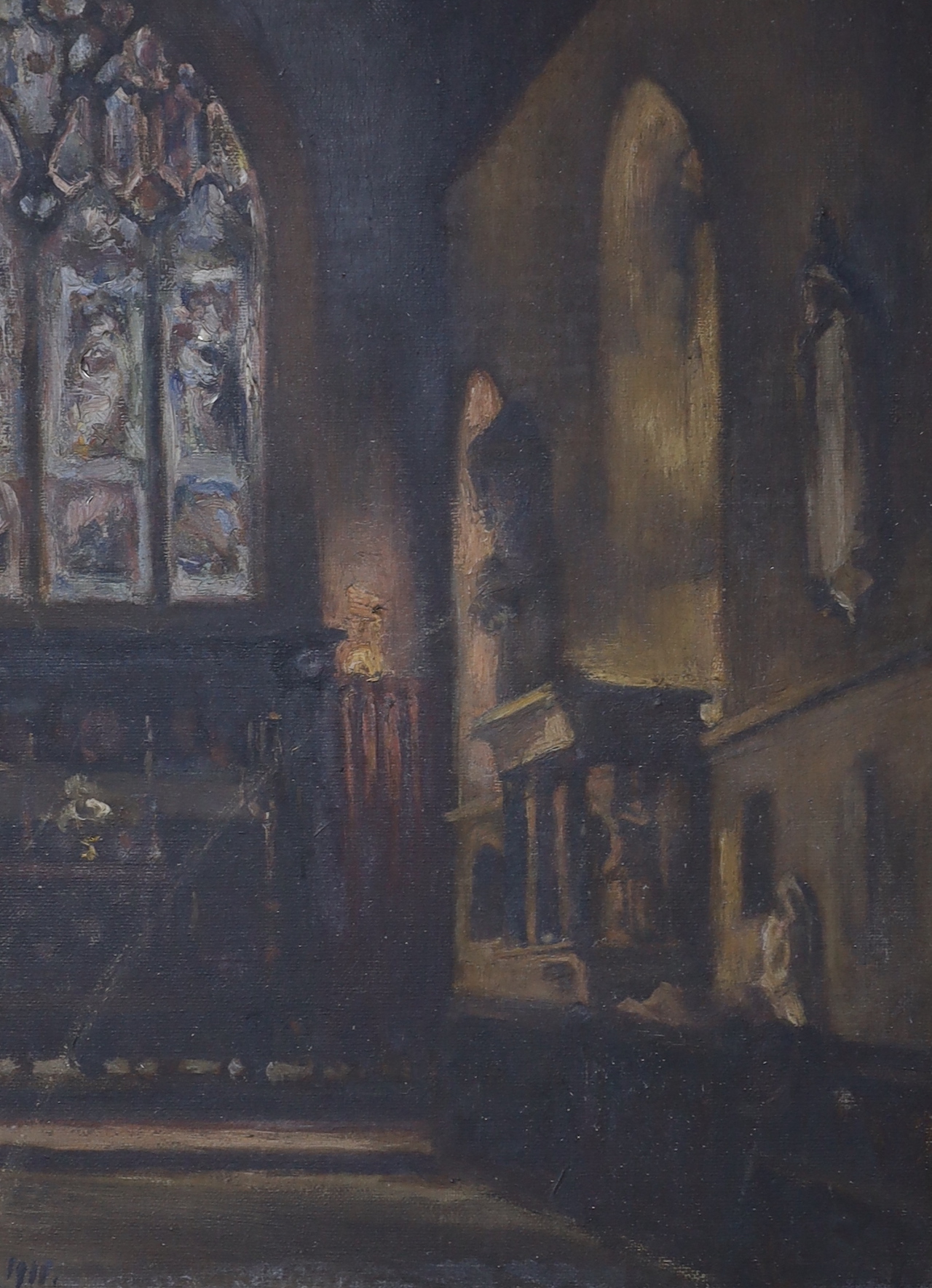 Manner of Vanessa Bell (1879-1961), oil on canvas, Church interior, bears monogram and date 1911, 34 x 25cm